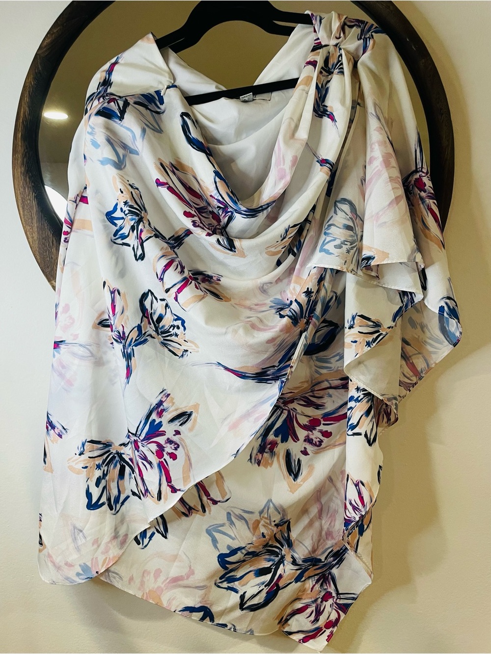 Badgley Mischka White Dress with Blue, Pink & Cream Floral Print